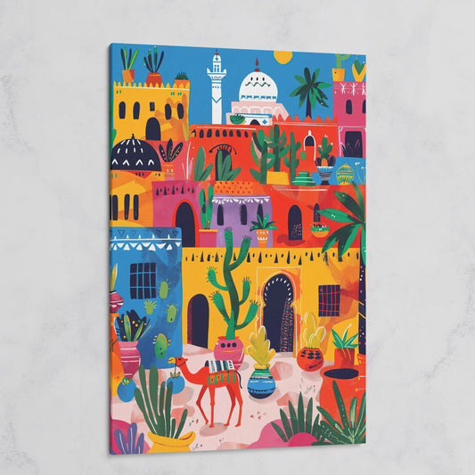 Moroccan Town Canvas Art with Camel, Cacti and Palm Trees on gallery wrap
