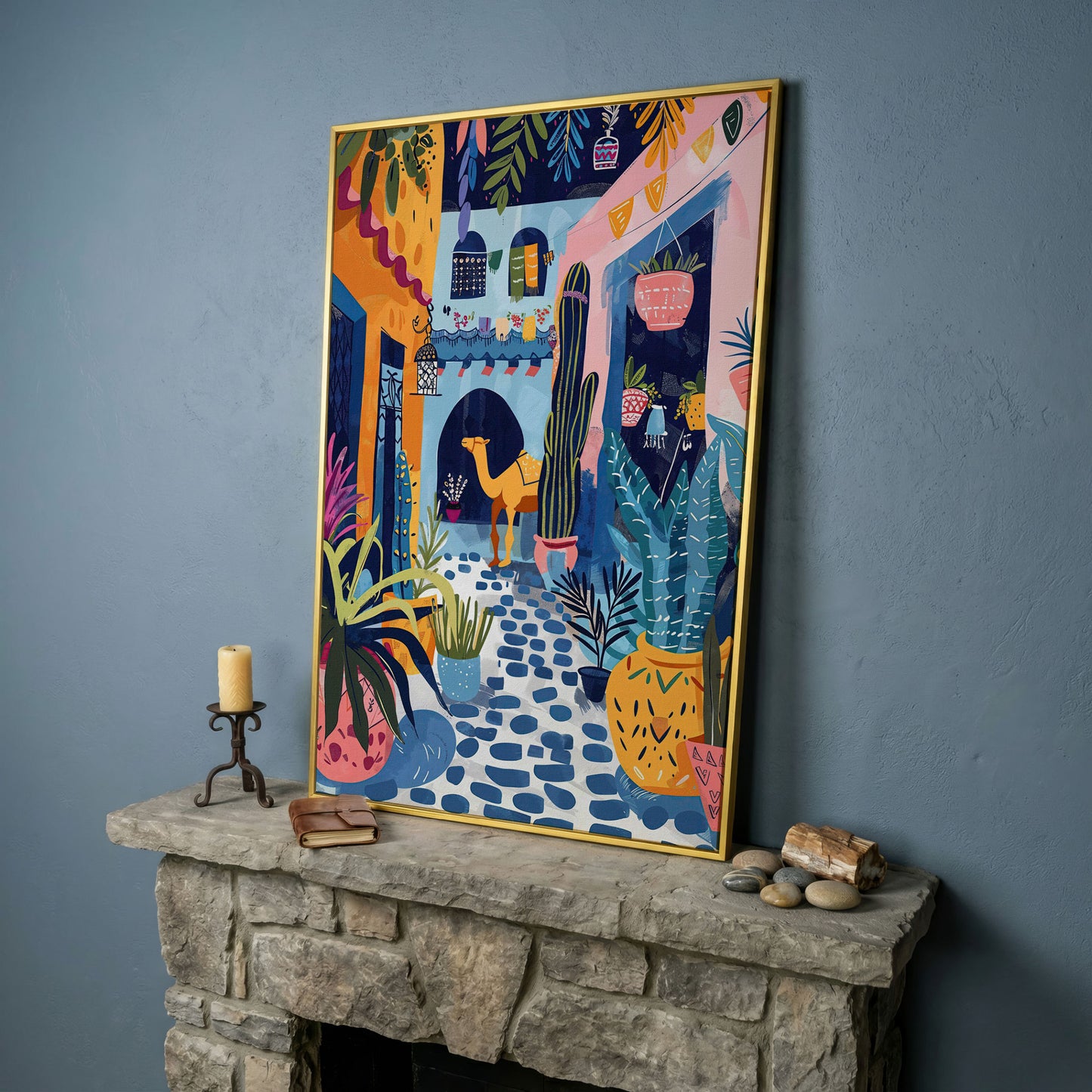 Moroccan Street Camel Canvas Art, Sunlit North African Scene in yellow gold floating frame