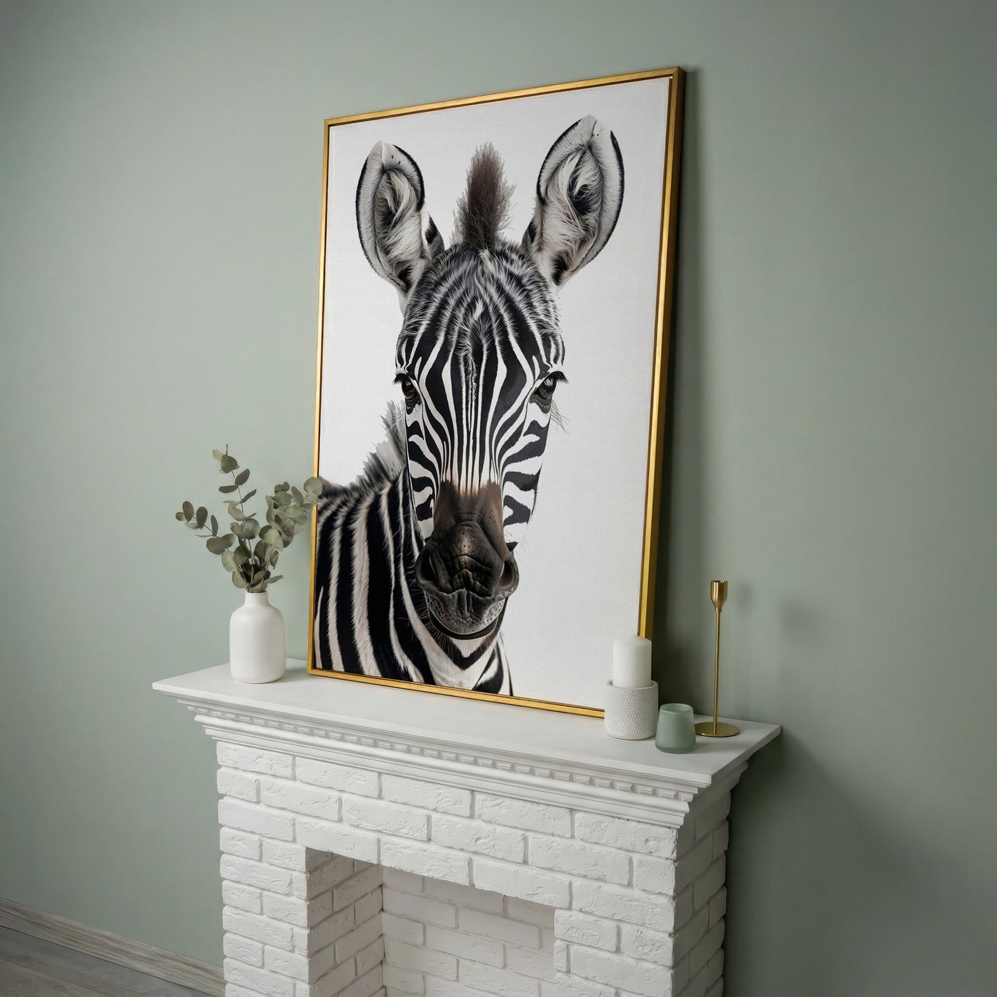 Zebra Portrait Canvas Wall Art, Close-Up Wildlife Photography Print in yellow gold floating frame