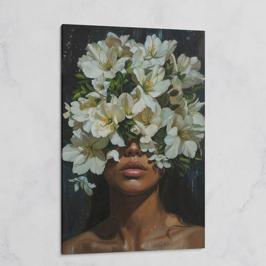 Black Girl Portrait with Flowers Canvas Print on gallery wrap
