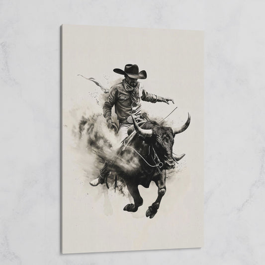 Bull Riding Canvas Print in Black and White Western Art on gallery wrap