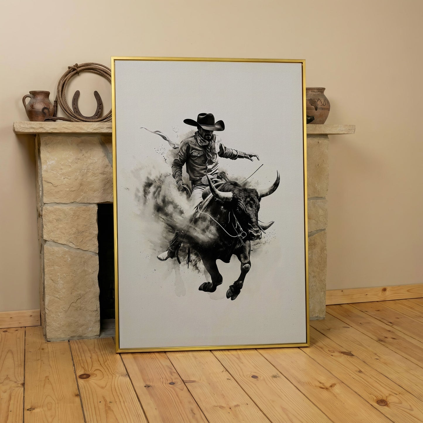 Bull Riding Canvas Print in Black and White Western Art in yellow gold floating frame