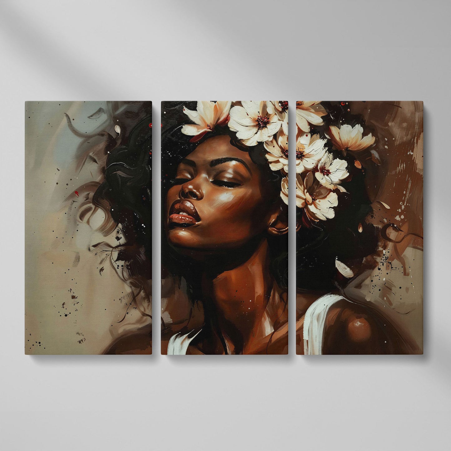 Black Woman with Flowers, Eyes Closed. Figurative Canvas Art as 3-panel split version