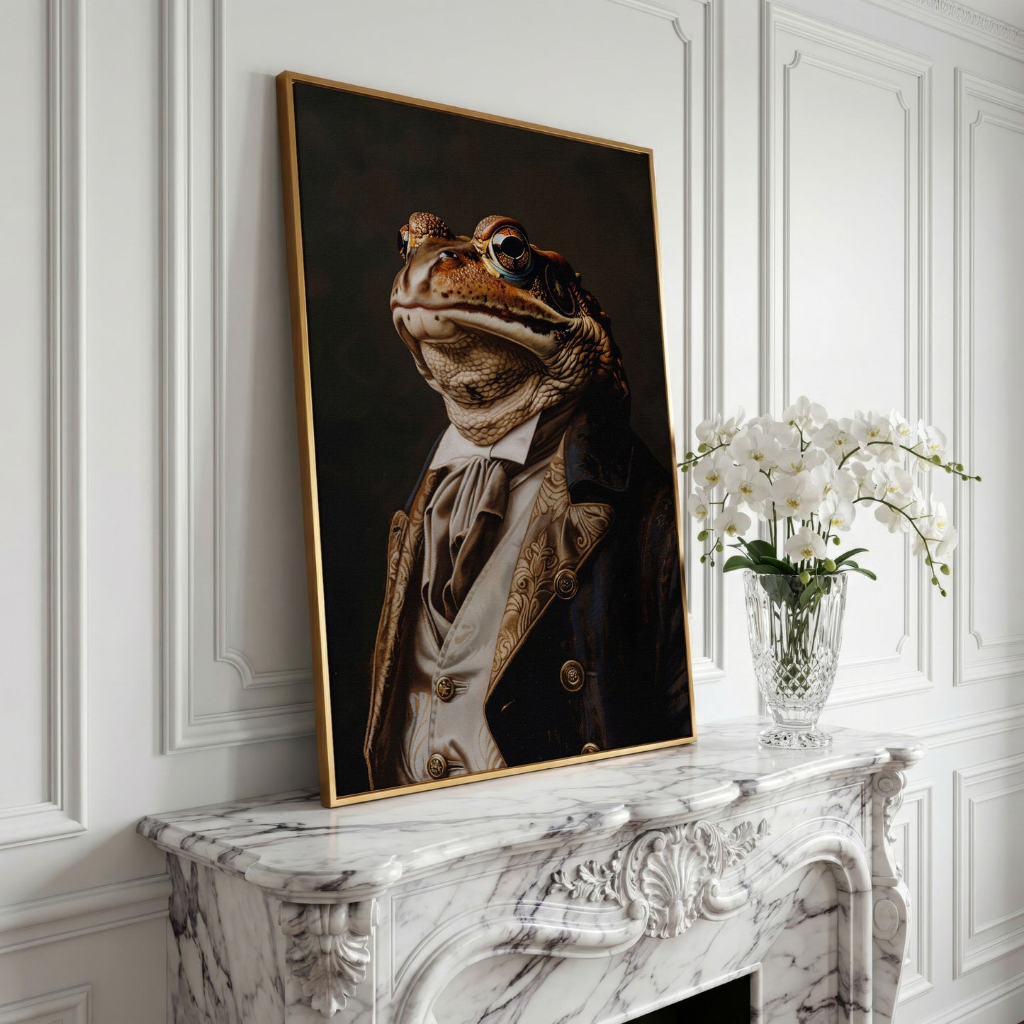 Victorian Frog Portrait Canvas in yellow gold floating frame