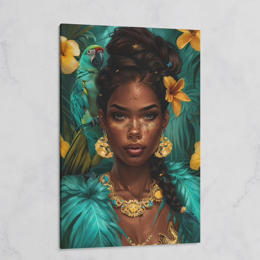 African Woman with Green Parrot, Tropical Floral Portrait Canvas on gallery wrap