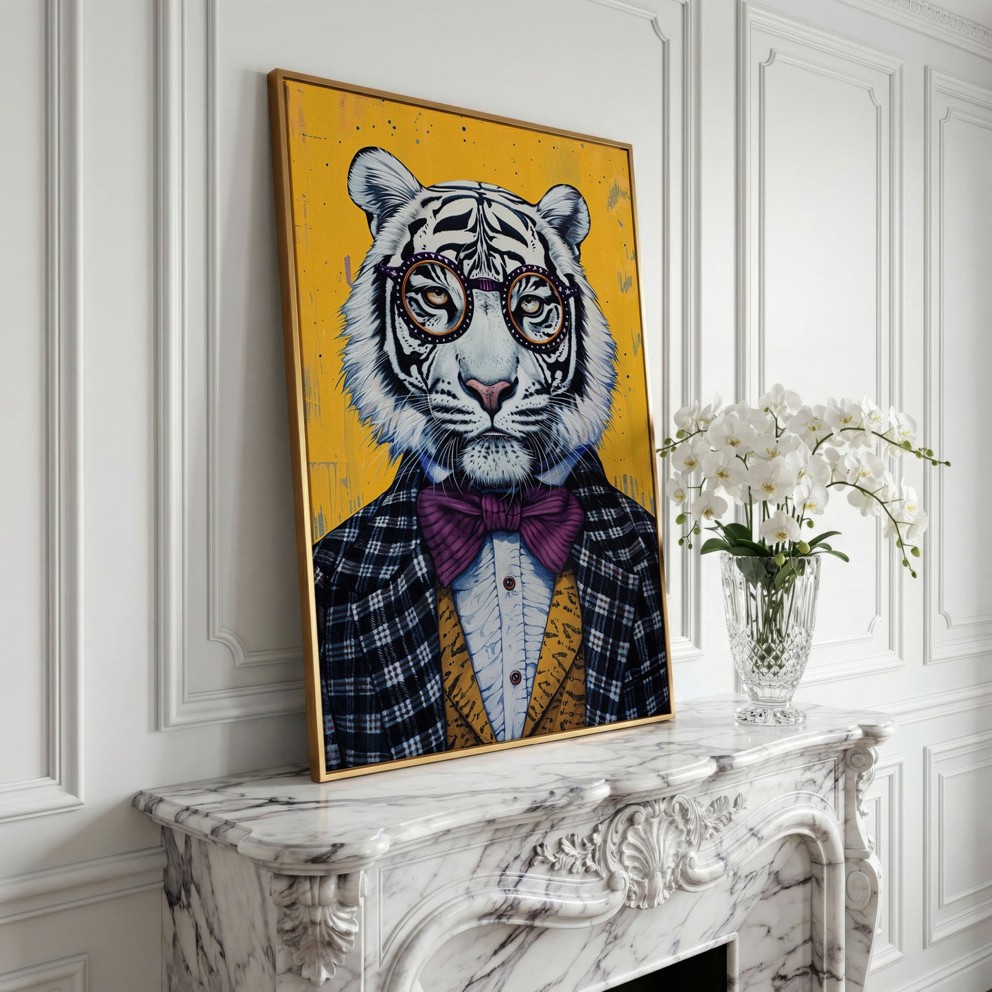 White Tiger in a Suit Canvas Art. Dapper Animal Portrait in yellow gold floating frame