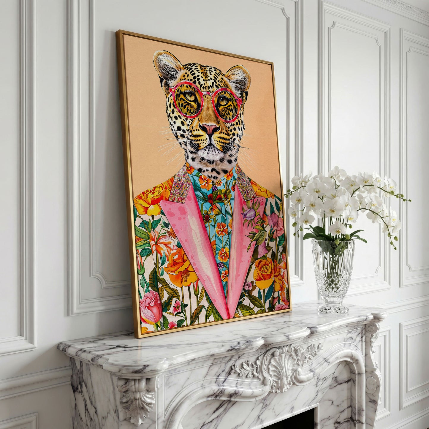 Leopard in Floral Suit Canvas Print in yellow gold floating frame