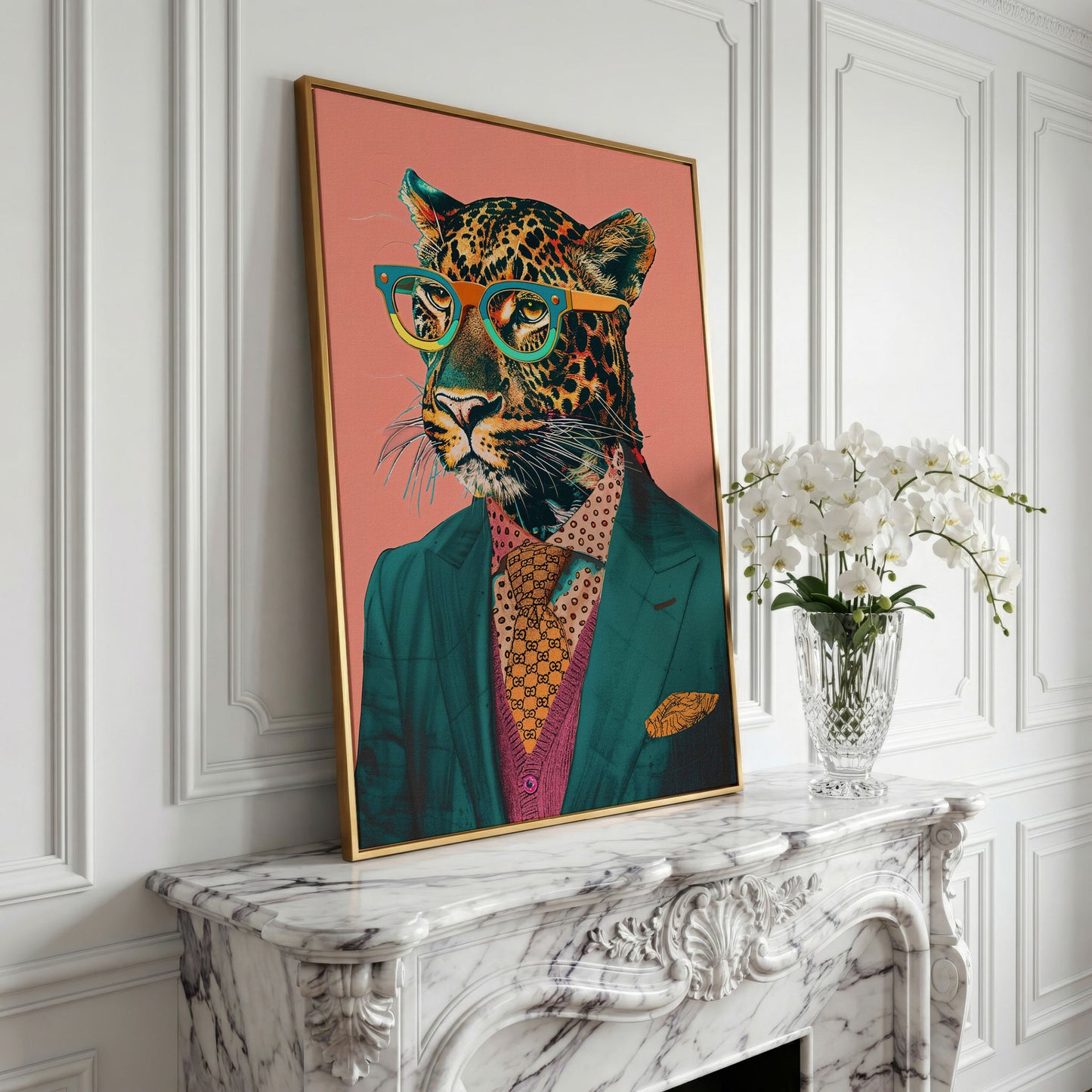 Leopard in Suit Retro Portrait Canvas in yellow gold floating frame