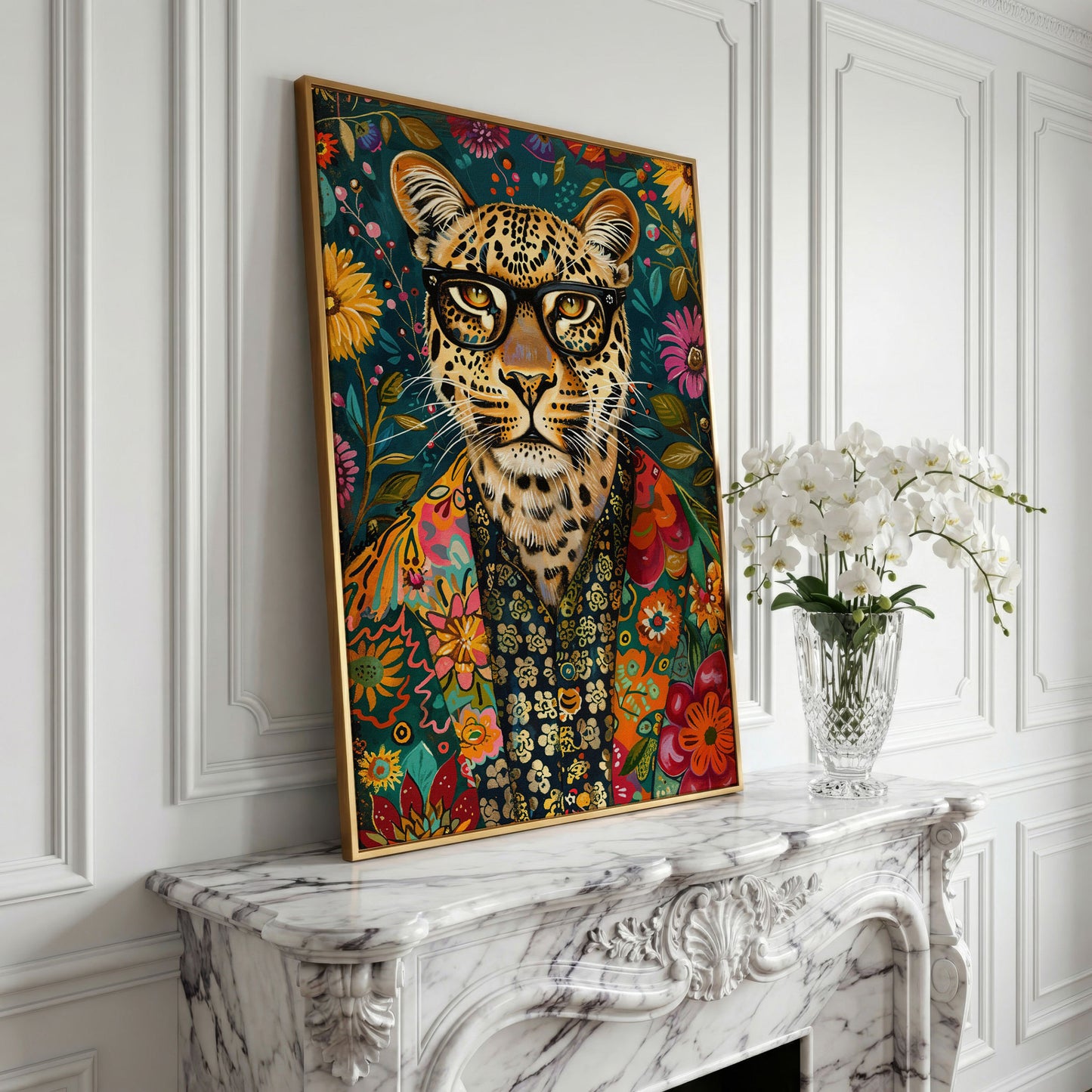 Floral Leopard Portrait Canvas Print in yellow gold floating frame