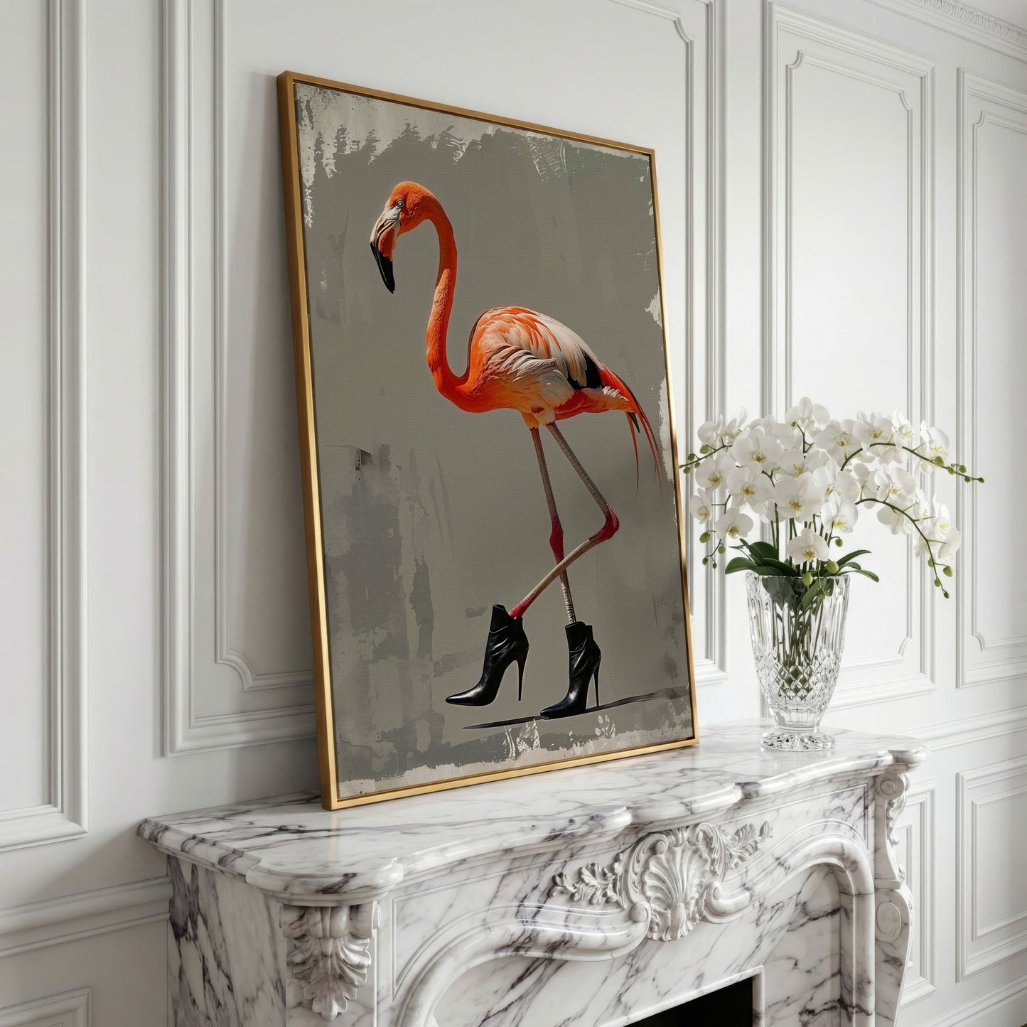 Stylish Flamingo in Boots Canvas Print in yellow gold floating frame