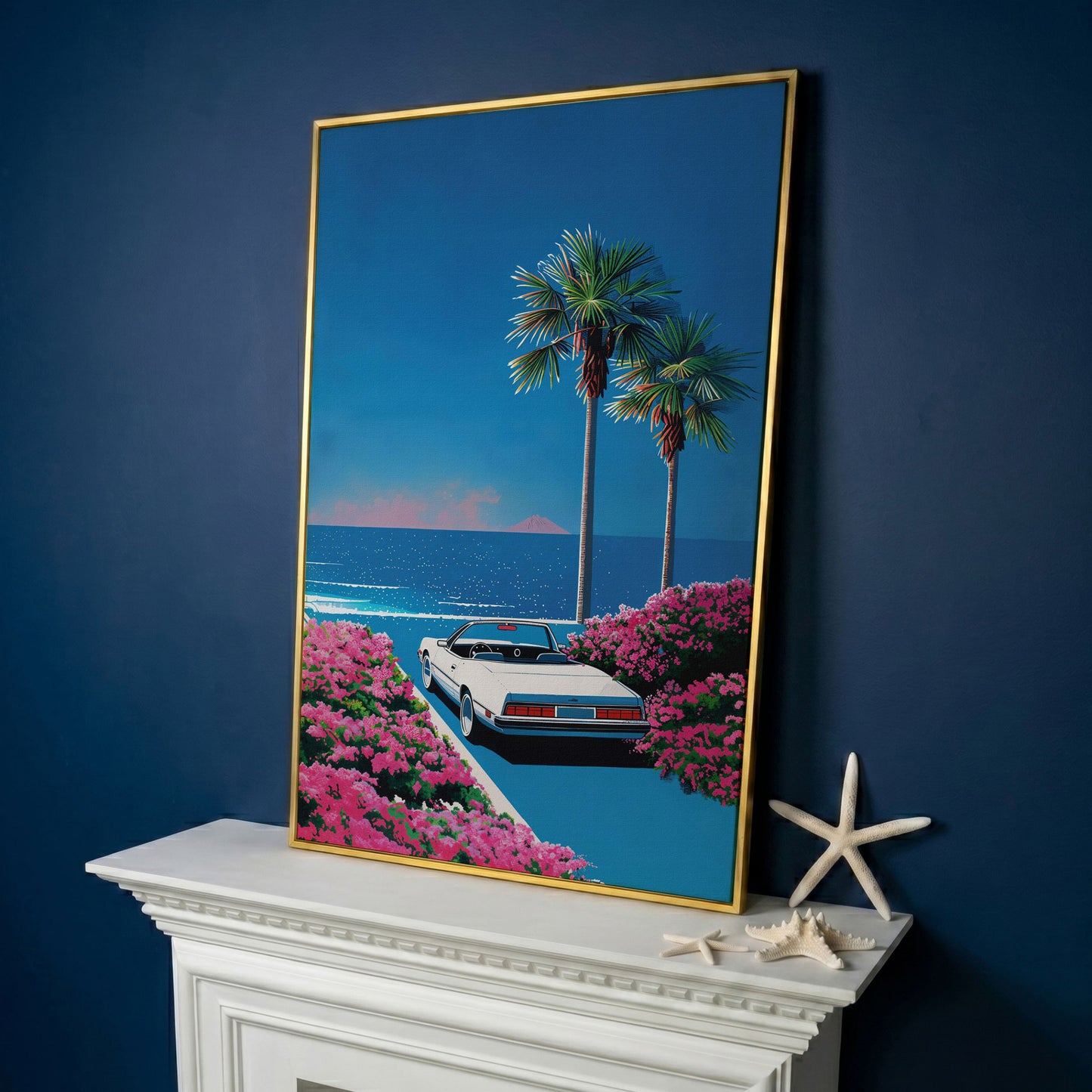 Retro Convertible Beach Canvas Print in yellow gold floating frame