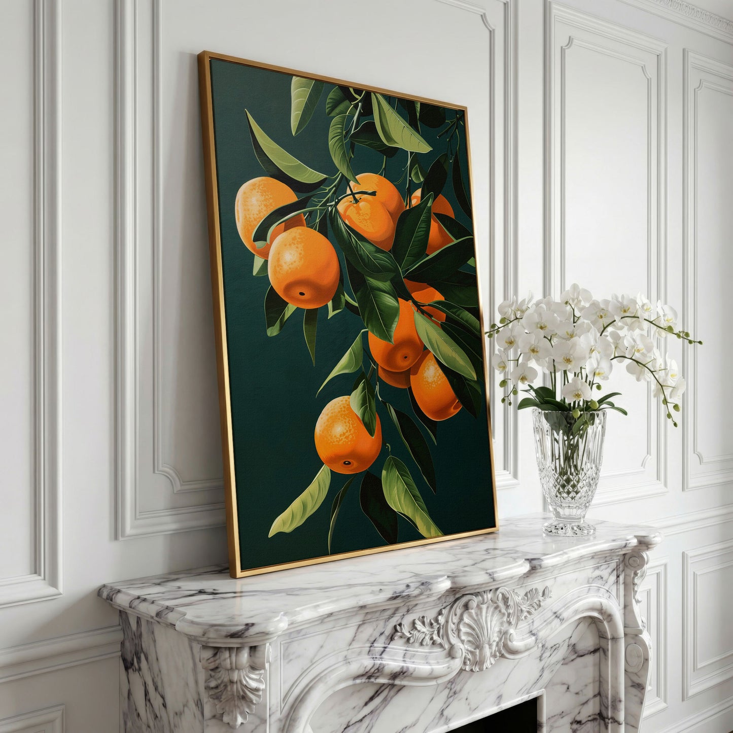 Fresh Citrus Branches Canvas Print in yellow gold floating frame