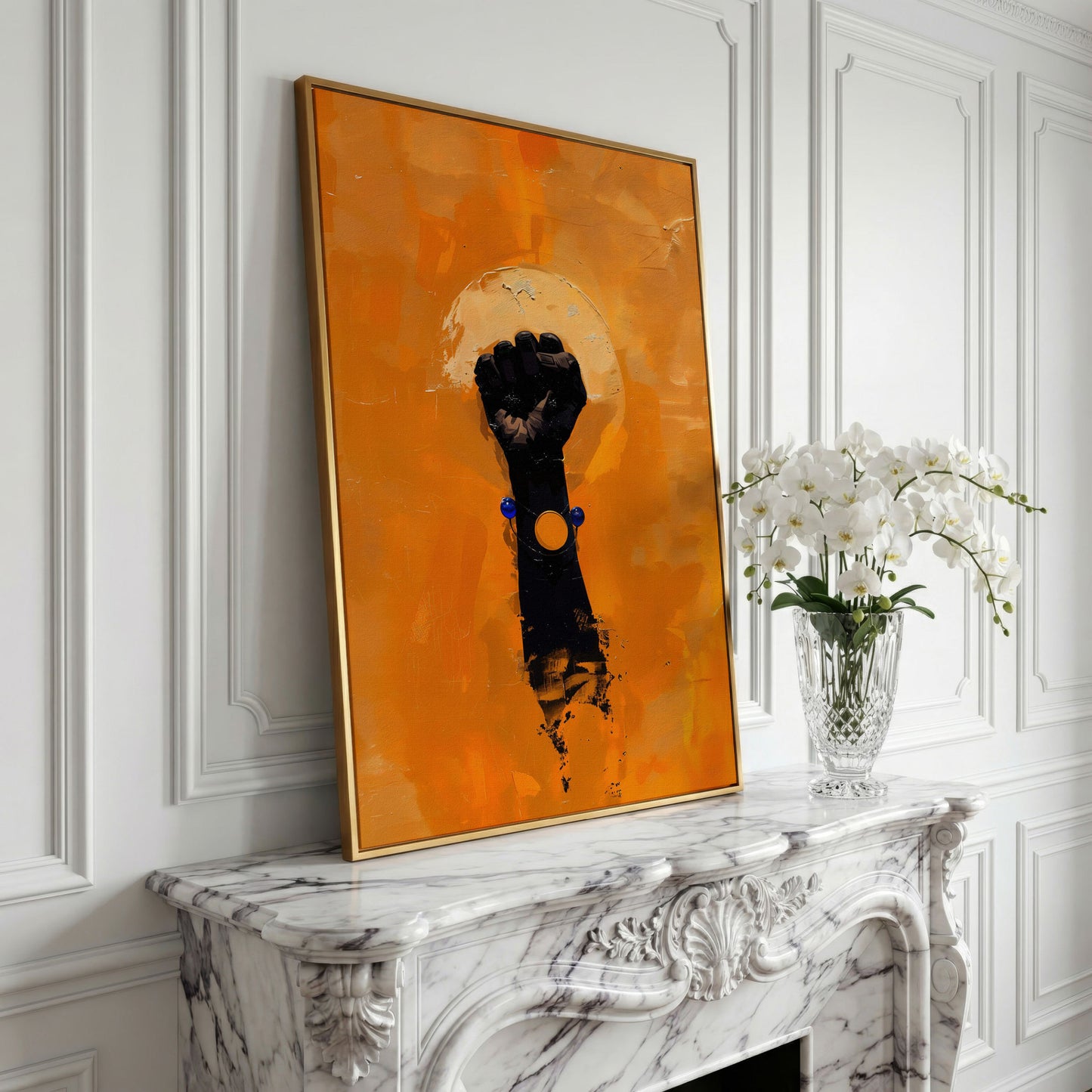 Power Fist Canvas Print in Burnt Orange and Black in yellow gold floating frame