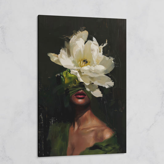 Floral Woman Portrait Canvas Art with Olive & Burgundy Tones on gallery wrap