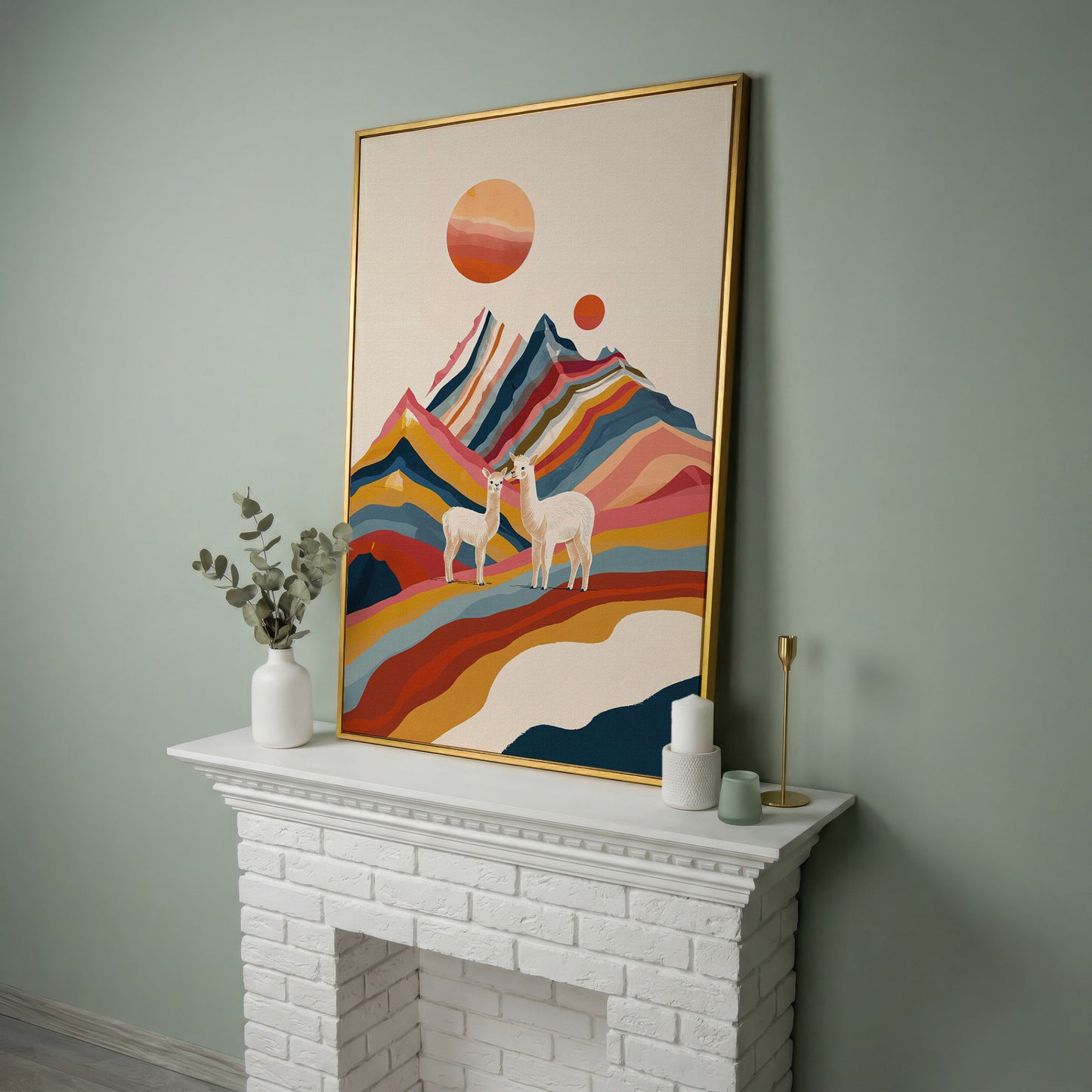 Llamas Against Colorful Mountains Canvas Print in yellow gold floating frame