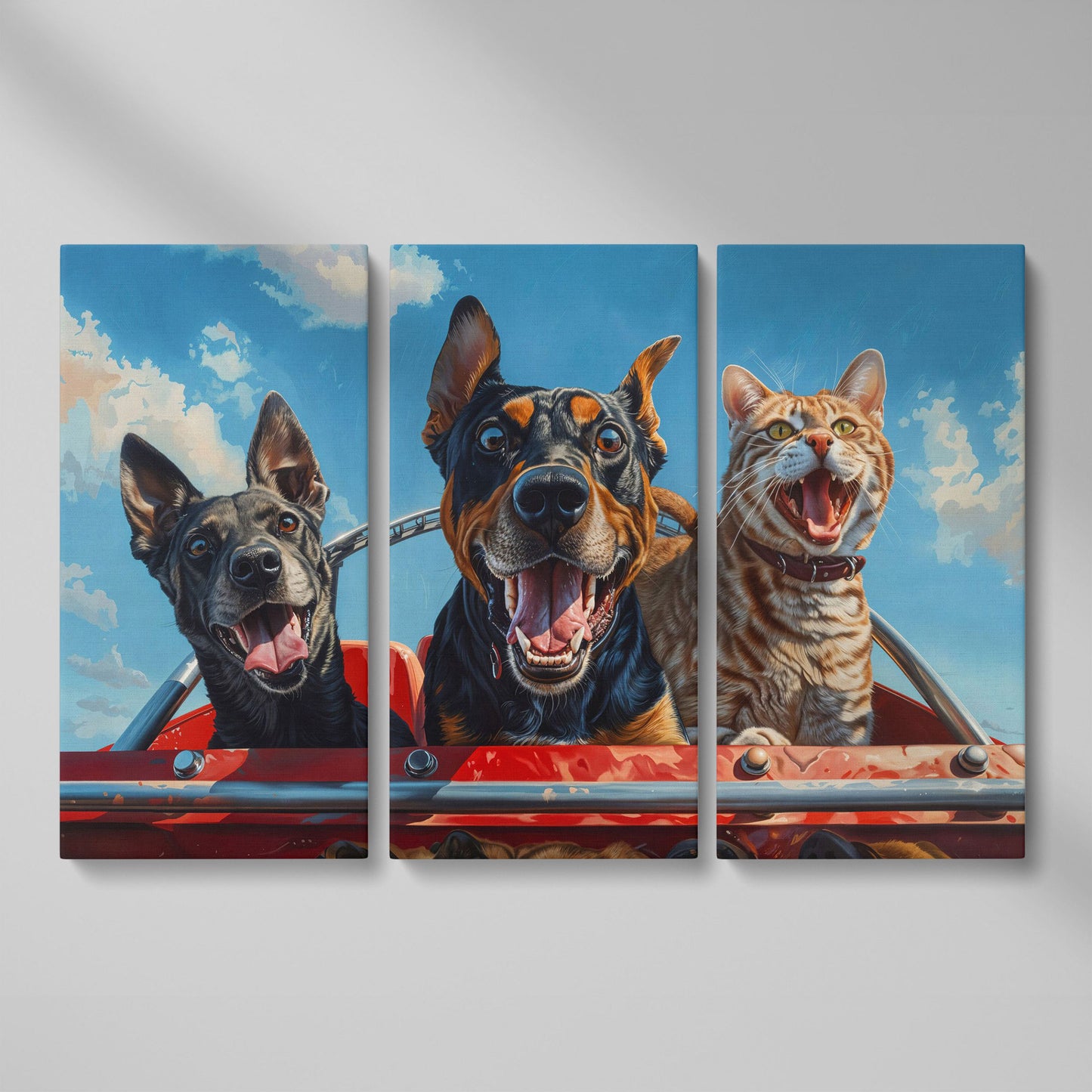 Dogs and Cat on a Roller Coaster Canvas Print as 3-panel split version