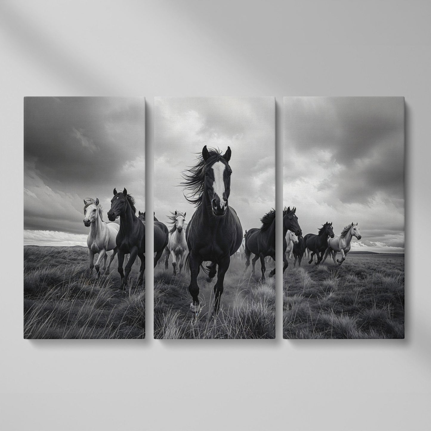 Wild Horses Galloping Across the Plains. Canvas Wall Art as 3-panel split version