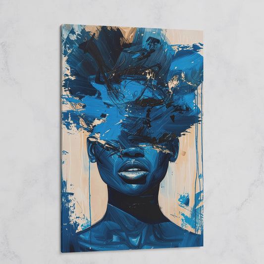Abstract Female Face Canvas Wall Art, Blue Fluid Figurative Portrait on gallery wrap