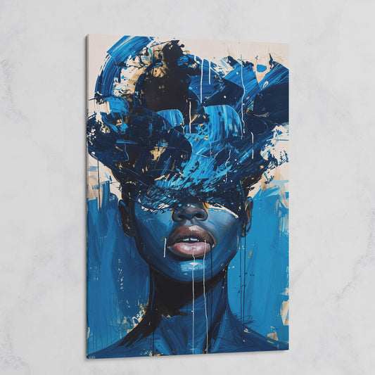 Blue Abstract Woman Portrait Canvas Art with Expressive Brushstrokes on gallery wrap