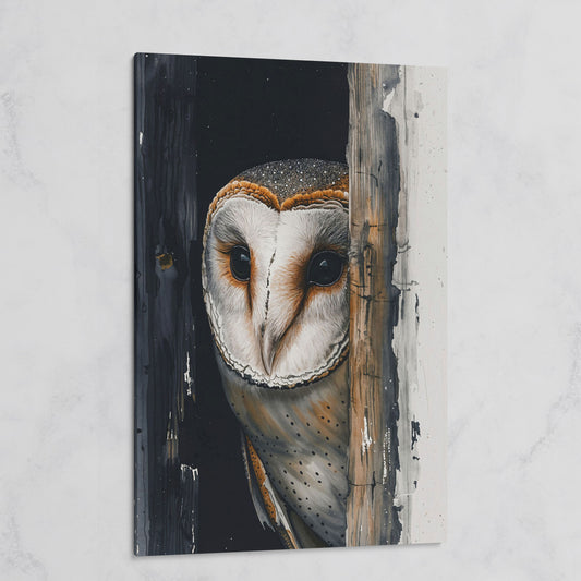Barn Owl Behind Planks Canvas Print on gallery wrap