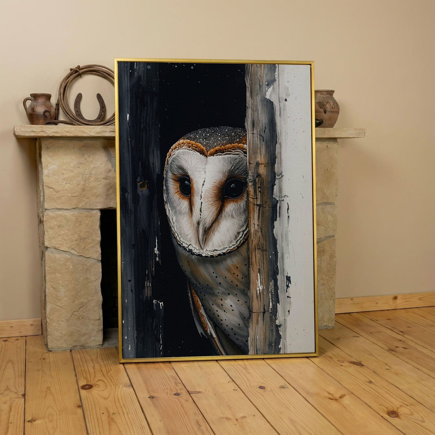 Barn Owl Behind Planks Canvas Print in yellow gold floating frame