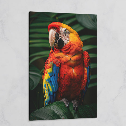 Scarlet Macaw on Emerald Leaf Canvas Print on gallery wrap