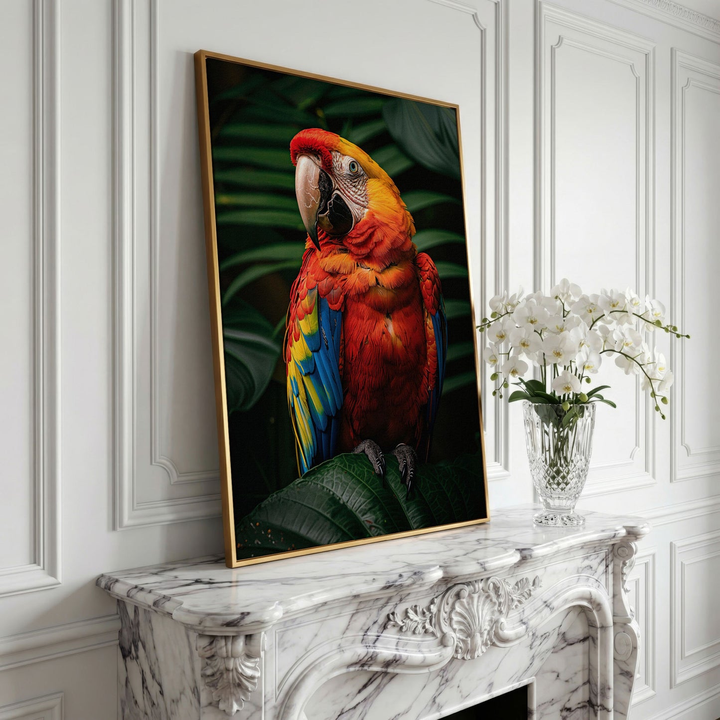 Scarlet Macaw on Emerald Leaf Canvas Print in yellow gold floating frame