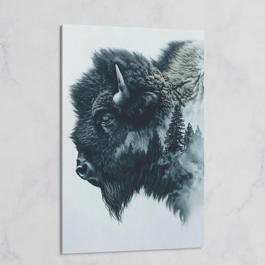 American Buffalo & Foggy Forest Double Exposure Canvas on gallery wrap