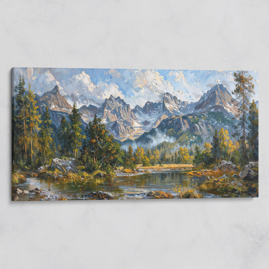 Mountain Landscape with River and Green Trees Canvas on gallery wrap