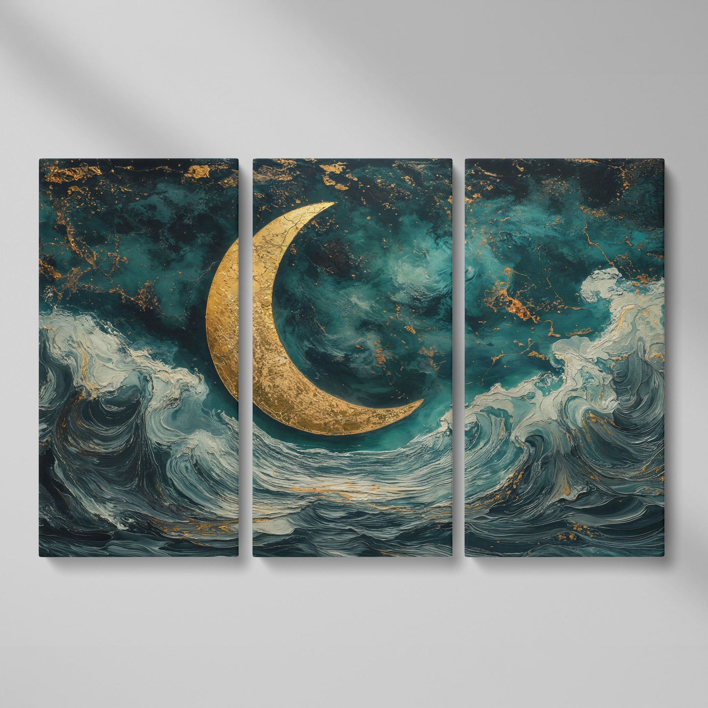 Crescent Moon Over Ocean Waves Canvas as 3-panel split version