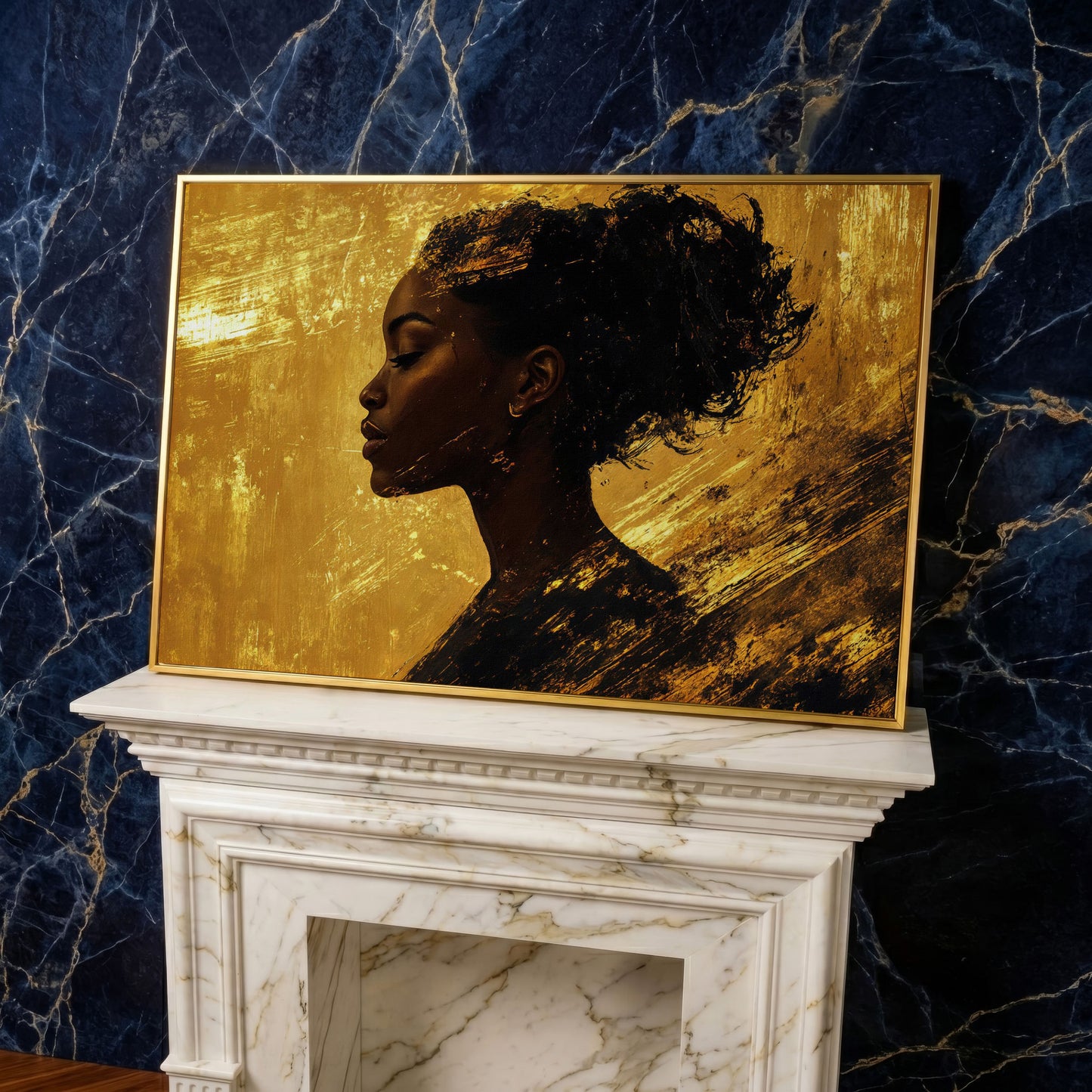 Black Woman Profile Canvas Print with Gold Accents in yellow gold floating frame