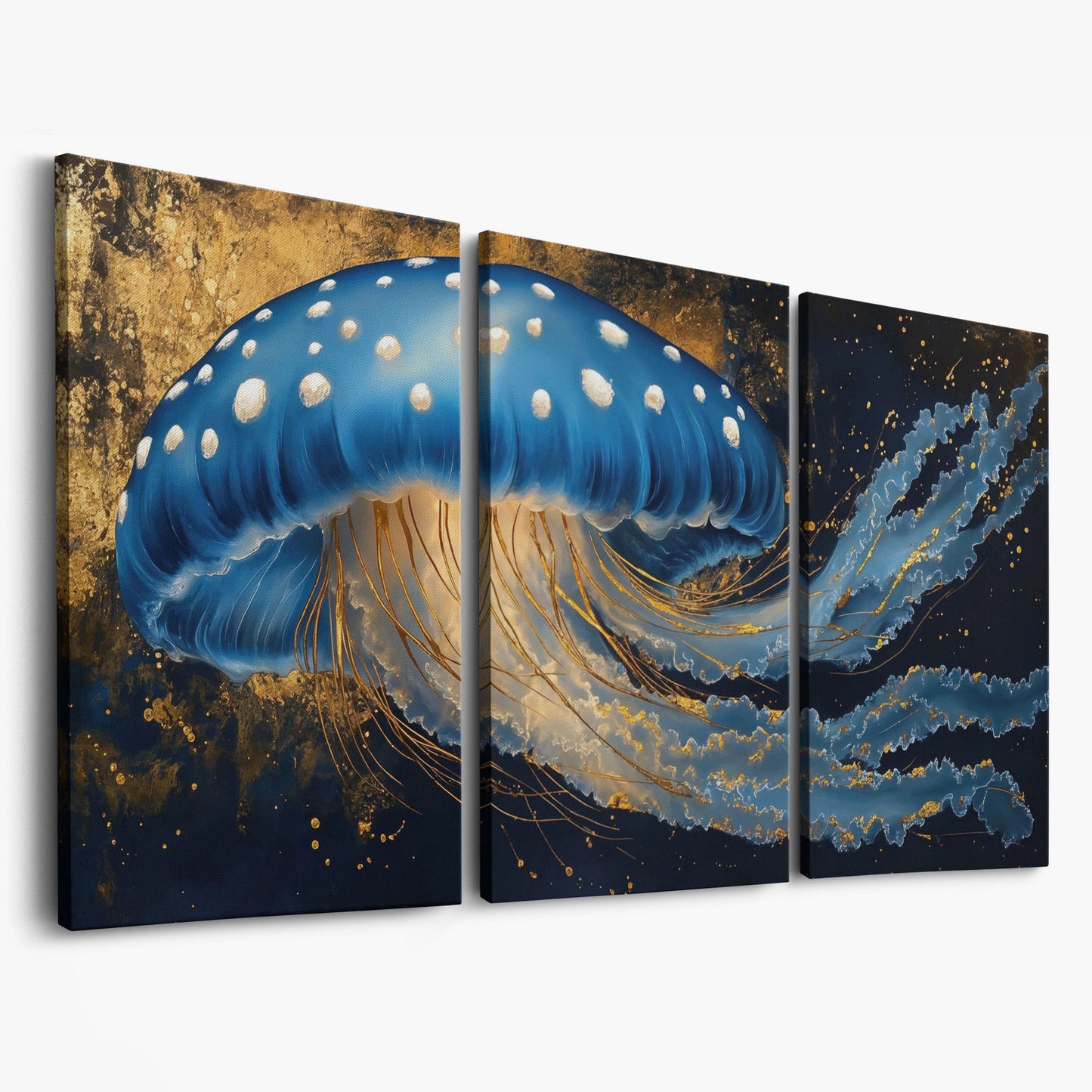 Blue Jellyfish Canvas Print with Bioluminescent Glow as 3-panel split version