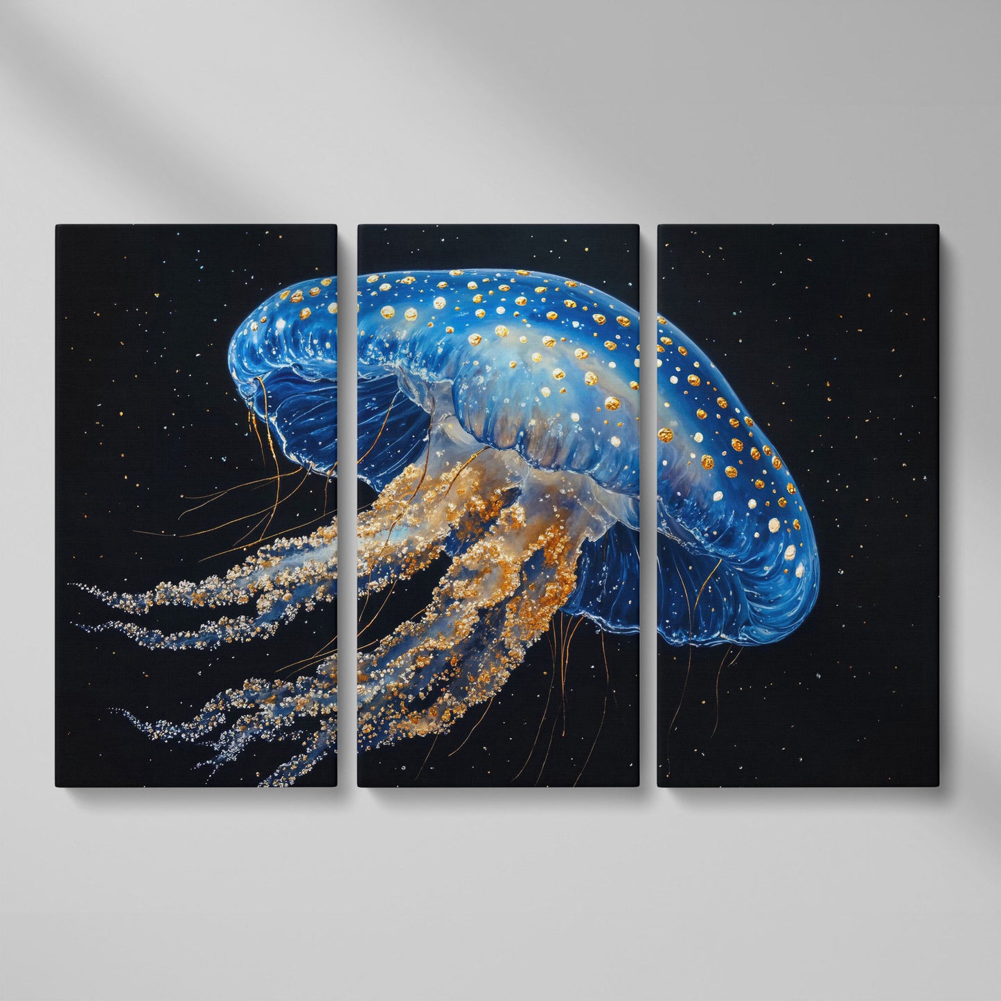 Blue Jellyfish with Gold Spots Canvas Art as 3-panel split version