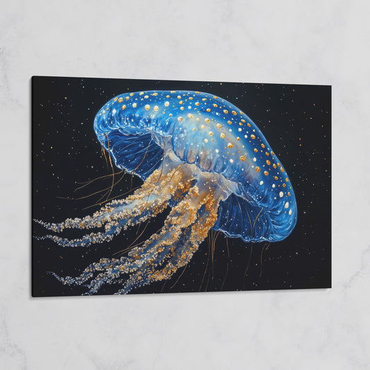 Blue Jellyfish with Gold Spots Canvas Art on gallery wrap