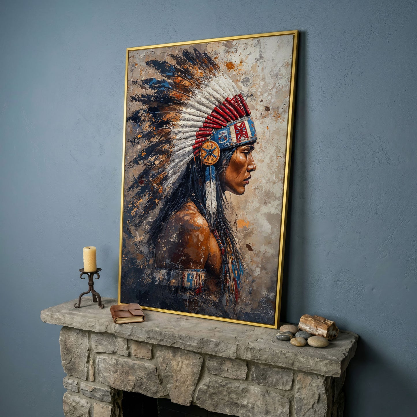 Native American Chief with Feather Headdress Canvas Art in yellow gold floating frame