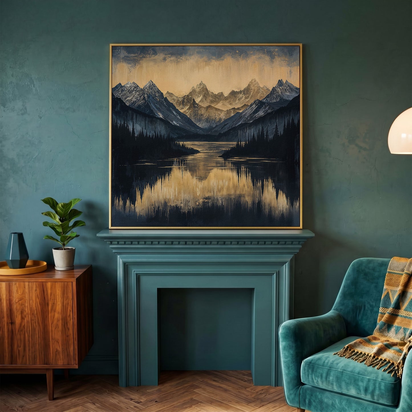 Mountain Lake with Snowy Peaks Canvas in yellow gold floating frame