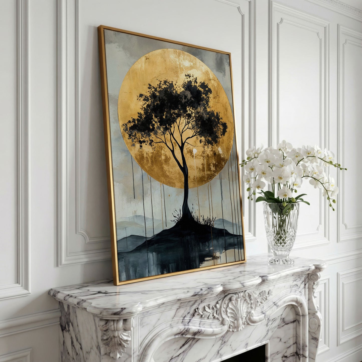 Black Tree and Golden Sun Canvas in yellow gold floating frame