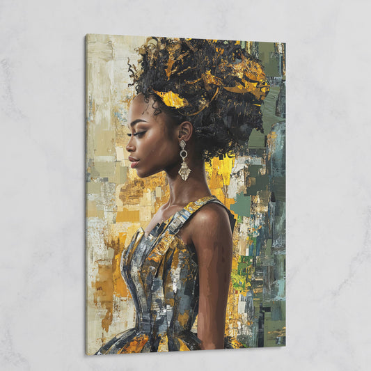 African Beauty Fashion Girl Canvas Print in Mustard Gold on gallery wrap