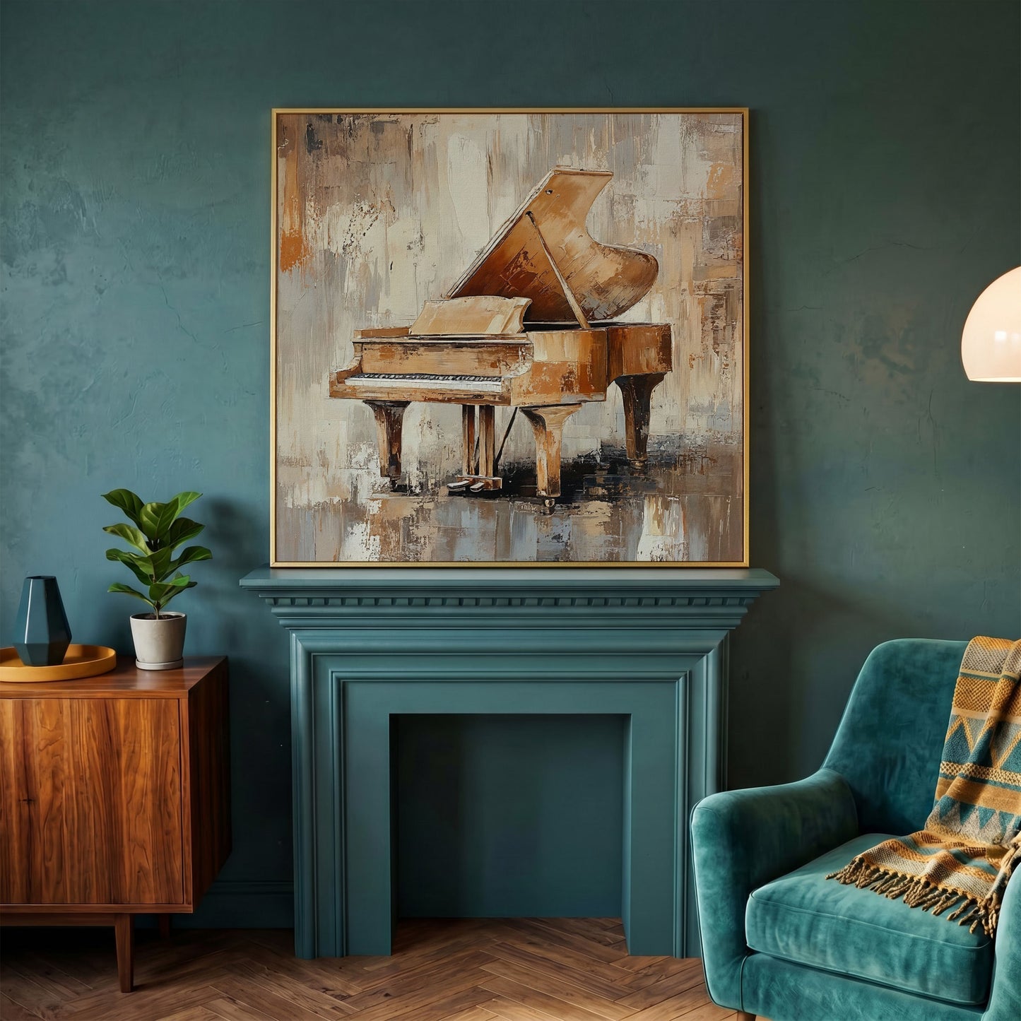 Grand Piano Musical Instrument Canvas Wall Art in yellow gold floating frame
