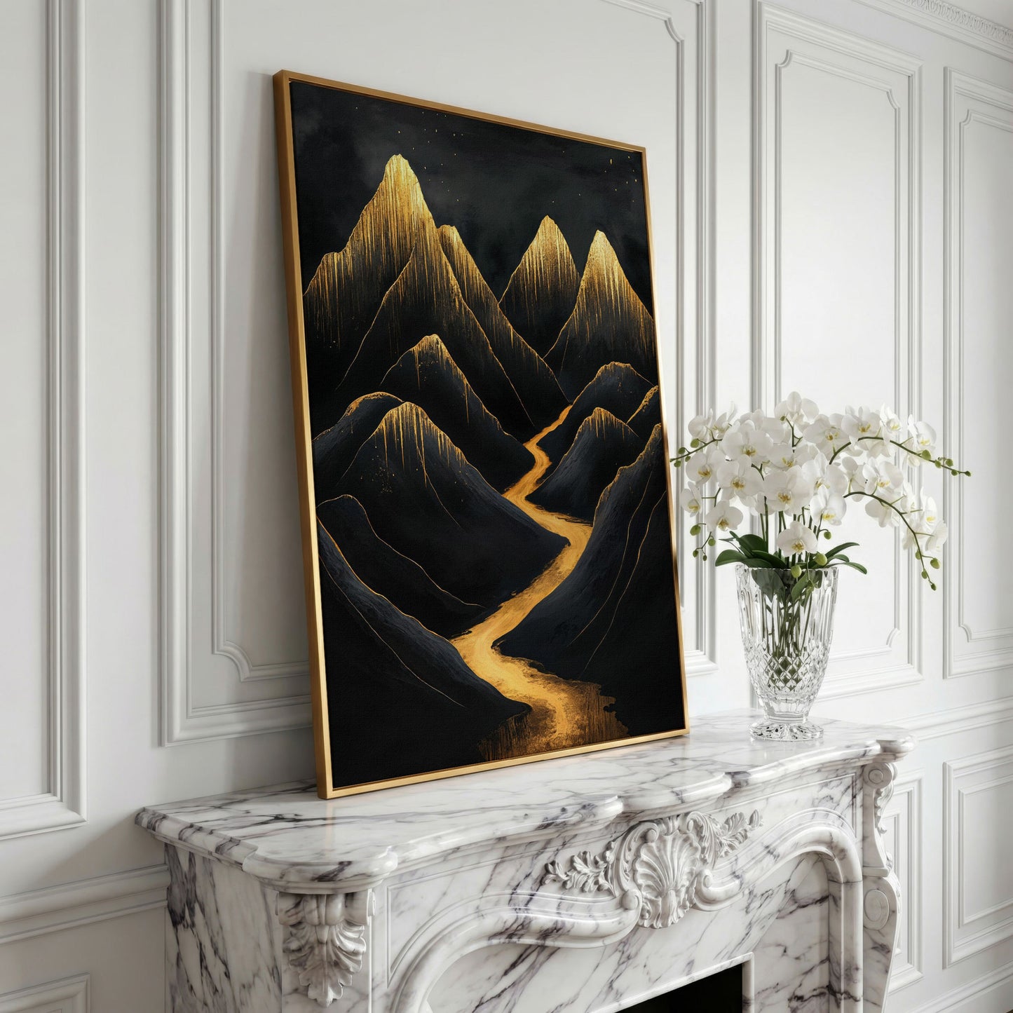 Golden Peaks Black Mountain Canvas Print in yellow gold floating frame