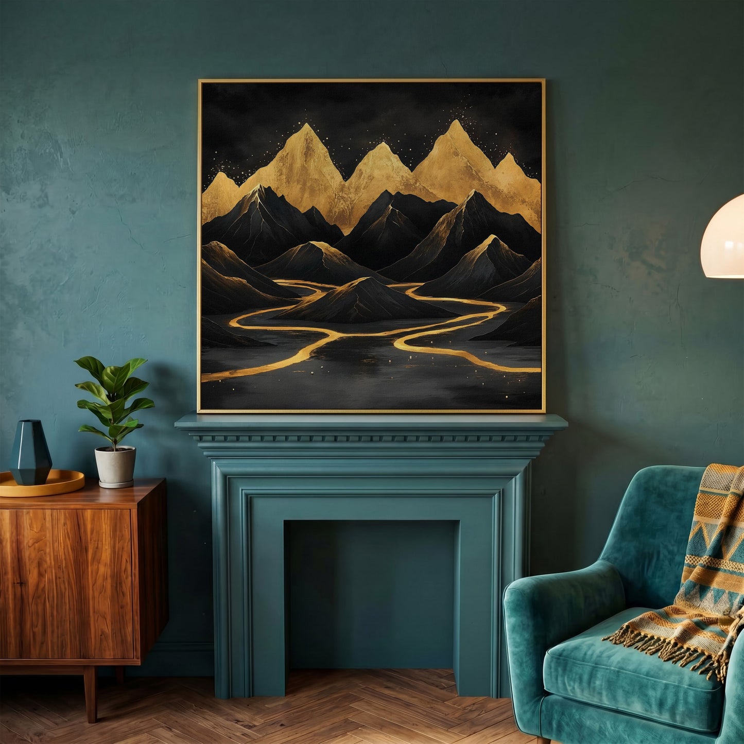 Black Gold Mountain Landscape Canvas in yellow gold floating frame