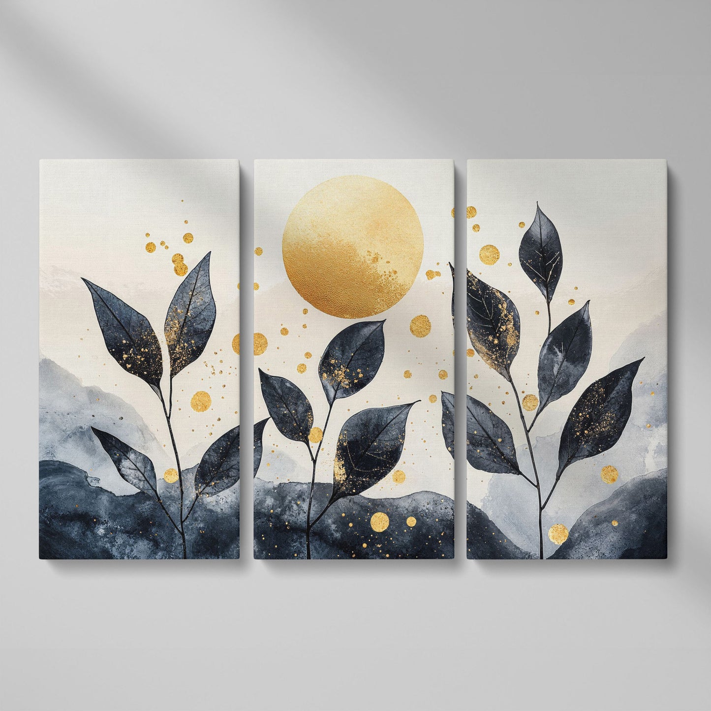 Black Leaves and Golden Sun Abstract Canvas as 3-panel split version