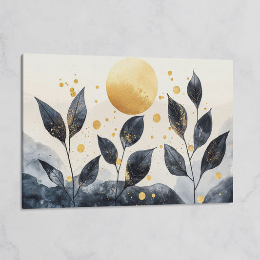 Black Leaves and Golden Sun Abstract Canvas on gallery wrap