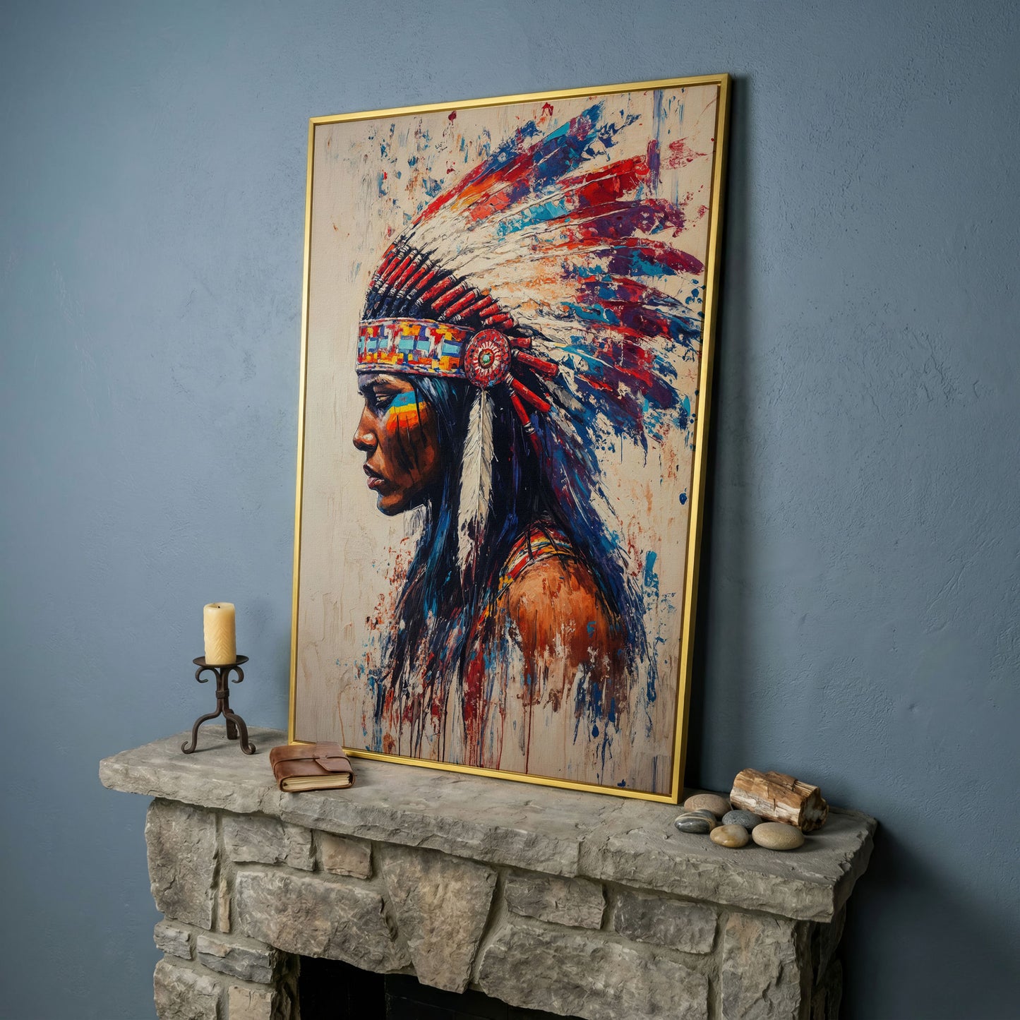 Indigenous Woman in Profile Canvas Print in yellow gold floating frame