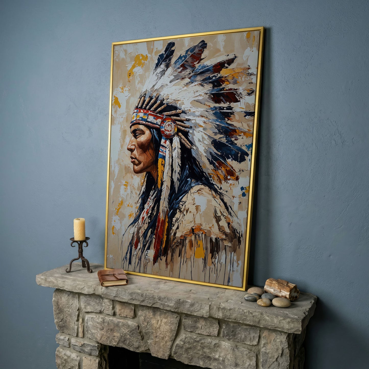 Native American Chief Portrait Canvas in yellow gold floating frame