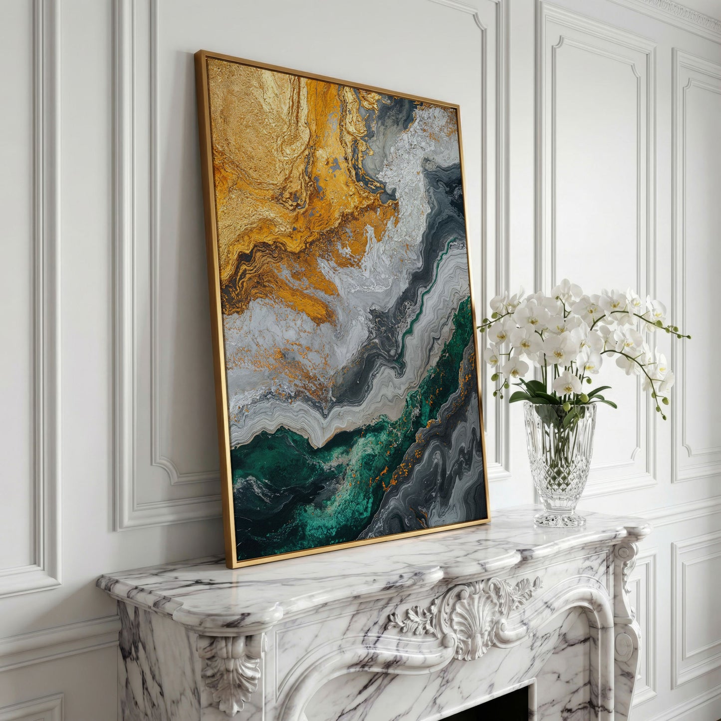 Emerald and Gold Swirls Canvas Print in yellow gold floating frame