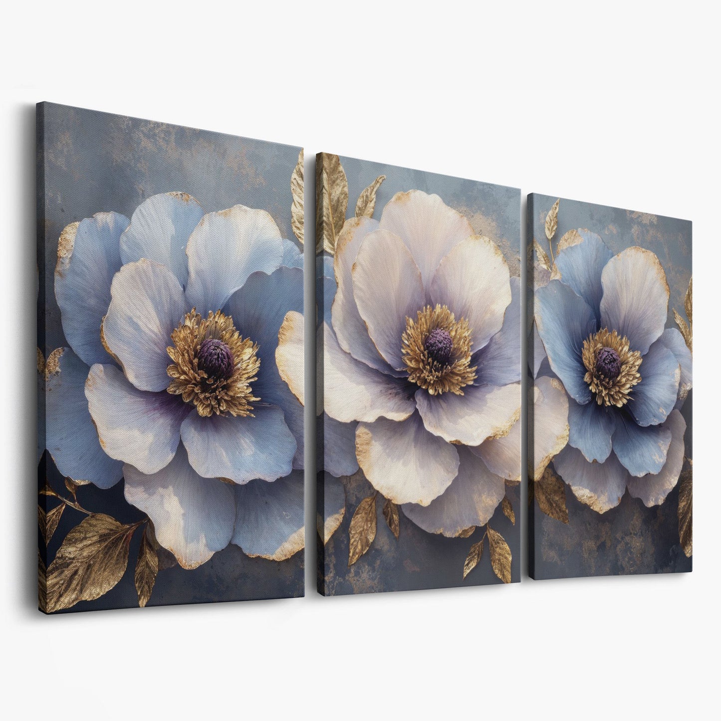 Blue and Purple Lush Flowers Canvas as 3-panel split version