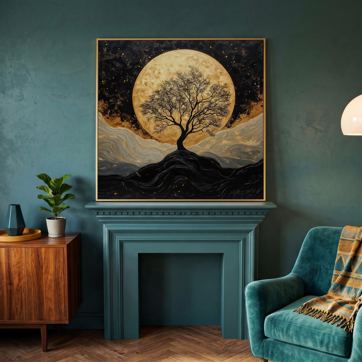 Black Tree Under Full Moon Canvas in yellow gold floating frame
