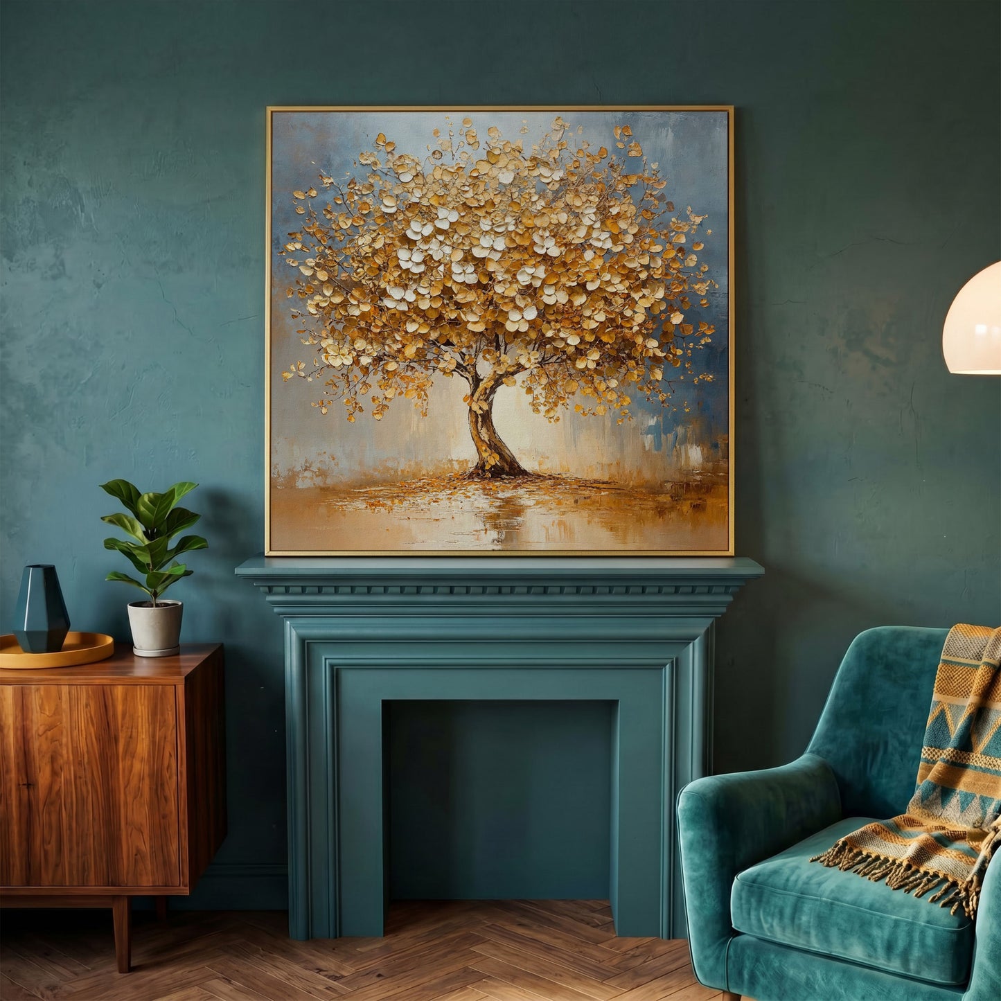 Abstract Tree with White Blossoms Canvas in yellow gold floating frame