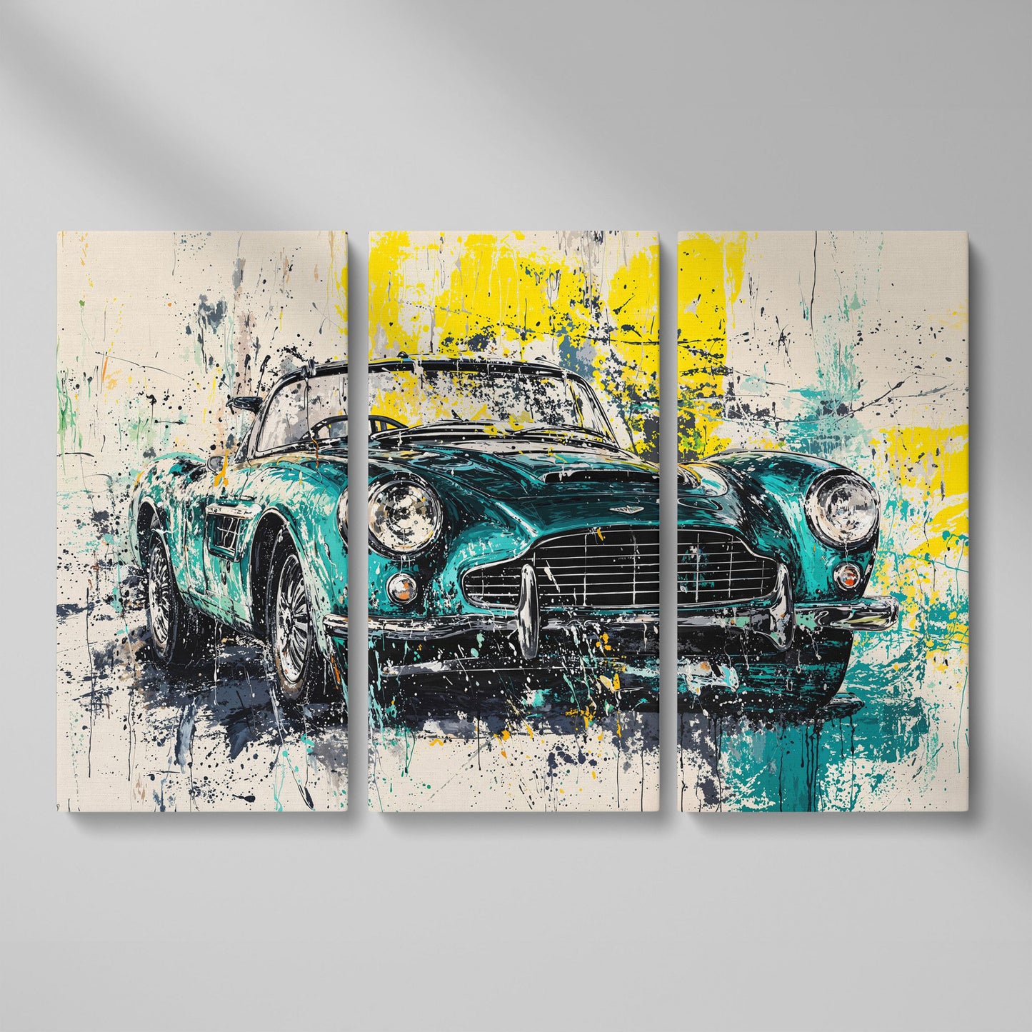 Classic Car with Teal & Yellow Splatter Canvas as 3-panel split version